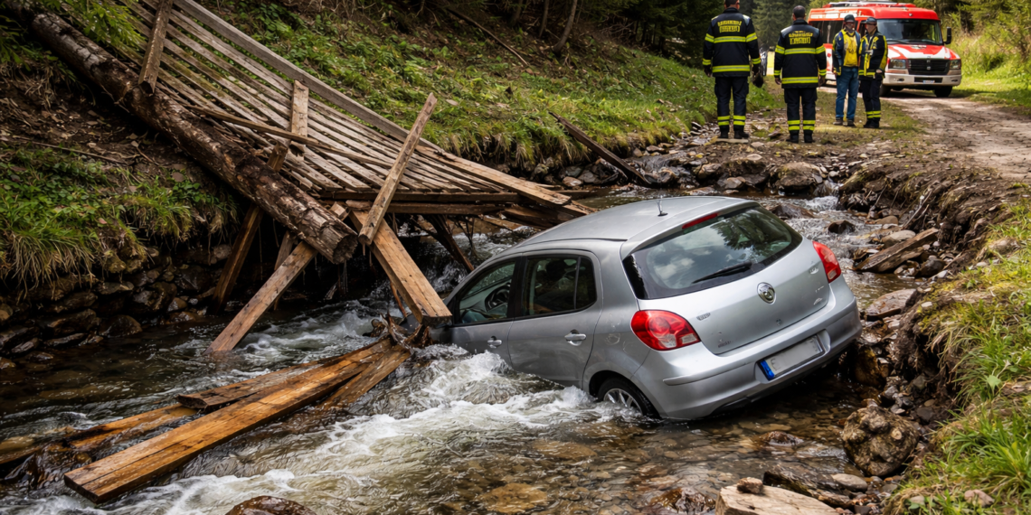 Mașină căzută în pârâul Teșna, după ce o punte din lemn s-a prăbușit sub greutate. În autoturism se afla șoferul și două pasagere
