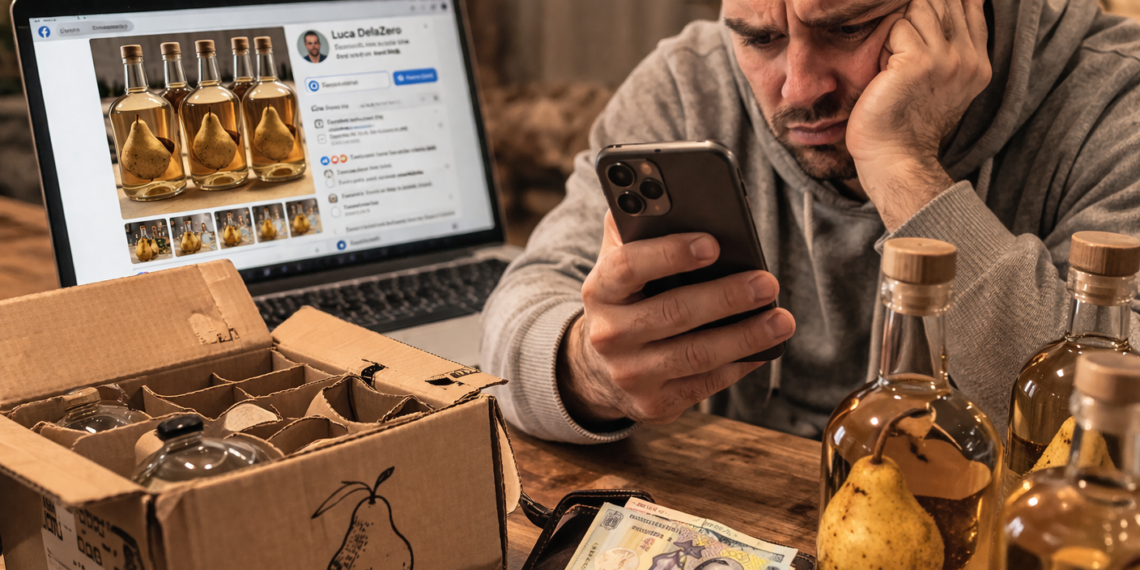 Țeapă cu țuică de pere pe Facebook. Un sucevean a sesizat Poliția după ce a plătit 750 de lei unui individ care se prezenta drept ”Luca DelaZero” pentru șase sticle pe care le așteaptă încă de anul trecut