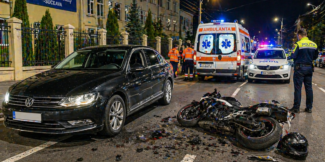 Motociclist acroșat în timpul unei depășiri, în fața Colegiului Național ”Petru Rareș” din Suceava. Șoferul vira spre parcarea unității de învățământ