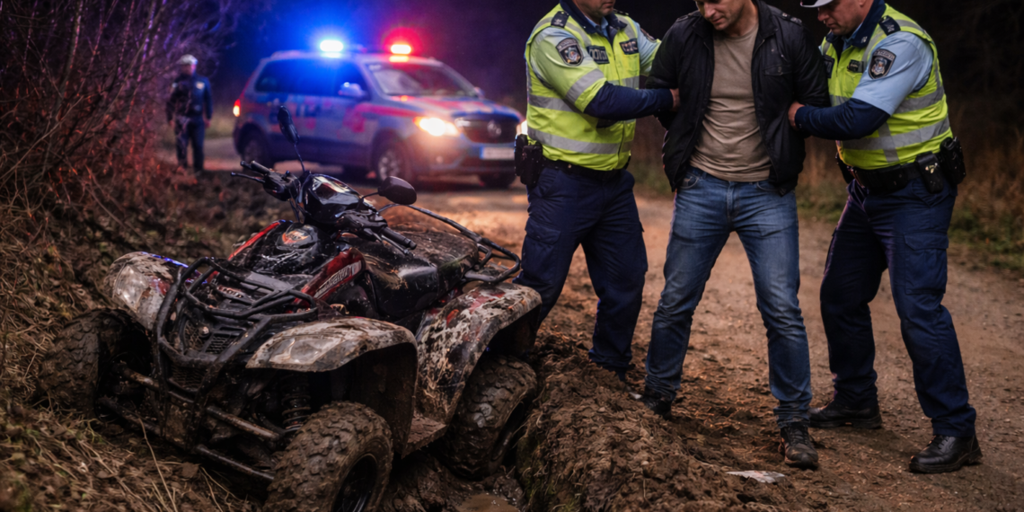 Urmărire după un individ beat pe ATV, care a avut chef să se ia la întrecere cu polițiștii. ”Deșteptul” din Botoșani a rămas împotmolit într-un șanț de pe marginea unui drum din Zvoriștea