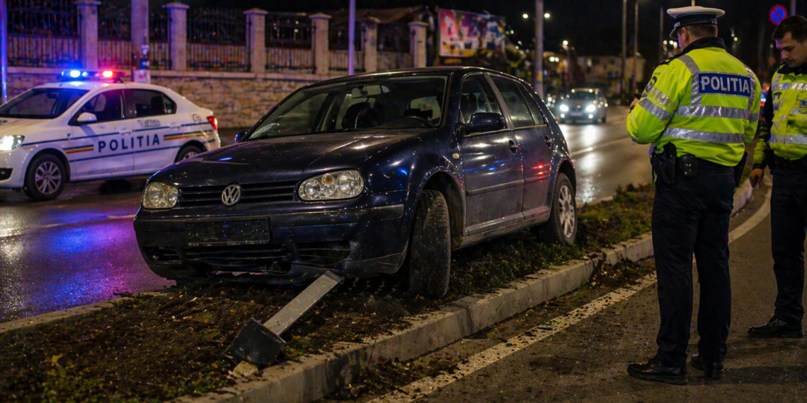 Beat criță la volan, bărbat de 62 de ani a sărit cu mașina peste scuar și a ajuns pe contrasens, la Șcheia