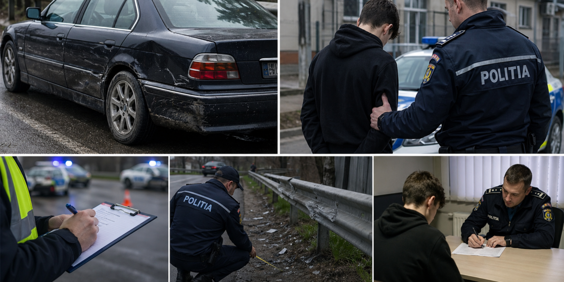 Elev de 17 ani, ajuns în beciul IPJ Suceava, după ce a furat un BMW și l-a boțit. Puștanul se afla în practică la Tarsin și, profitând de neatenția angajaților, a ”împrumutat” mașina și s-a plimbat aproape 200 de kilometri