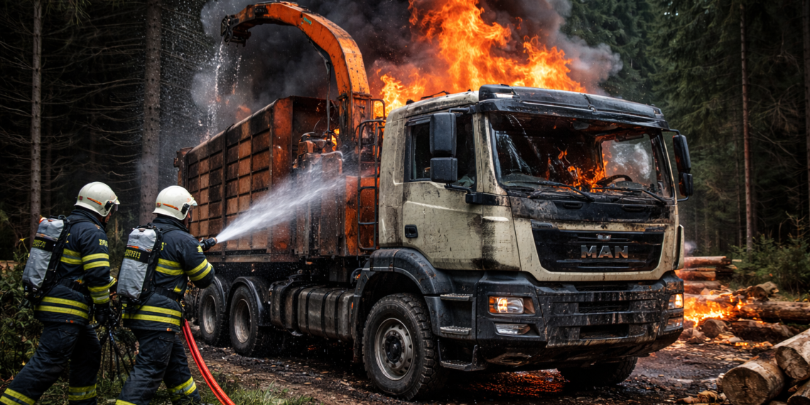 Utilaj pentru tocat resturi lemnoase, de 300.000 de euro, făcut scrum într-o pădure din Poiana Stampei