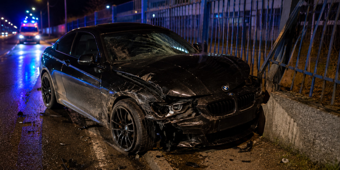 Tânăr de 19 ani, cu BMW-ul în gardul ACET după ce a făcut drifturi, la miezul nopții, pe o stradă din Suceava. Un pasager a ajuns la spital