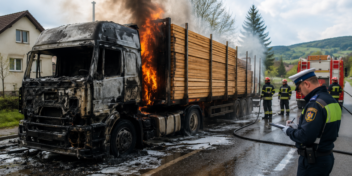 Incendiu la un camion încărcat cu cherestea, în Horodnic de Sus. Polițiștii i-au reținut permisul șoferului