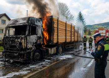 Incendiu la un camion încărcat cu cherestea, în Horodnic de Sus. Polițiștii i-au reținut permisul șoferului