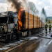 Incendiu la un camion încărcat cu cherestea, în Horodnic de Sus. Polițiștii i-au reținut permisul șoferului