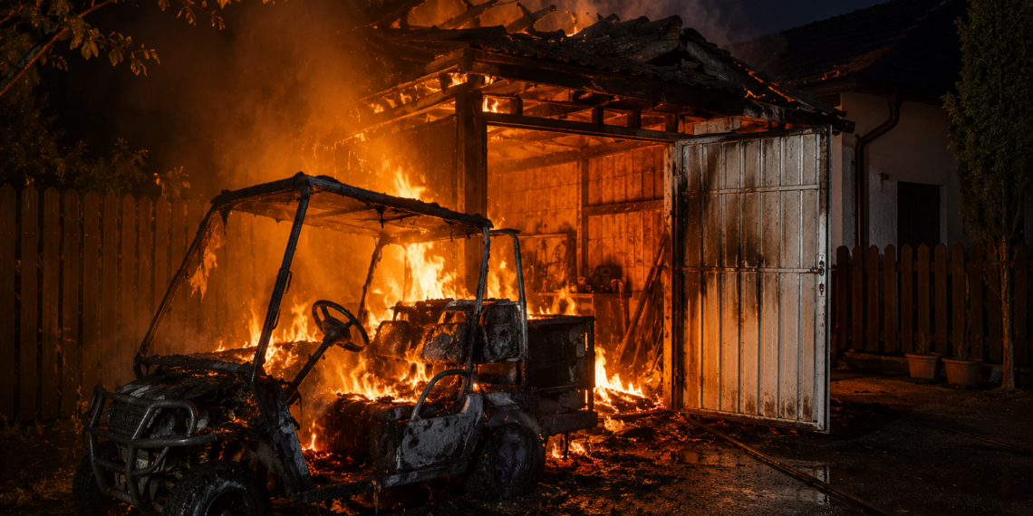 O mașină electrică a luat foc în curtea unei familii din Vicovu de Jos, iar incendiul s-a extins la garaj