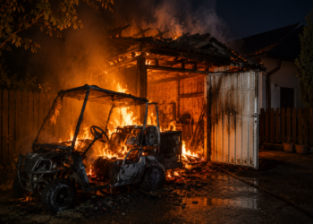 O mașină electrică a luat foc în curtea unei familii din Vicovu de Jos, iar incendiul s-a extins la garaj