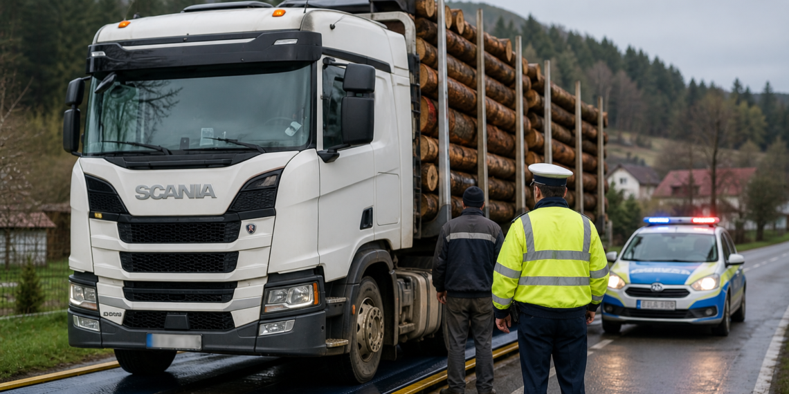 Amendă de 12.000 de lei pentru un șofer care a dat peste cap cântarul. Transportul de lemne a fost oprit la Frumosu