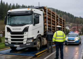 Amendă de 12.000 de lei pentru un șofer care a dat peste cap cântarul. Transportul de lemne a fost oprit la Frumosu