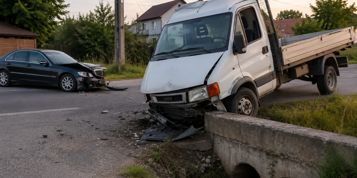 Un tânăr a încercat să evite impactul cu un Mercedes care nu i-a acordat prioritate și a intrat cu autoutilitara într-un cap de pod. Șoferul și un pasager au ajuns la spital