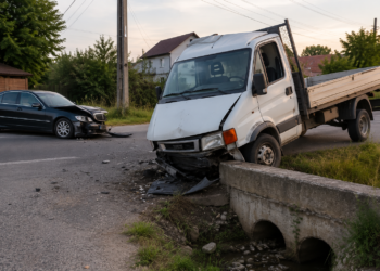Un tânăr a încercat să evite impactul cu un Mercedes care nu i-a acordat prioritate și a intrat cu autoutilitara într-un cap de pod. Șoferul și un pasager au ajuns la spital