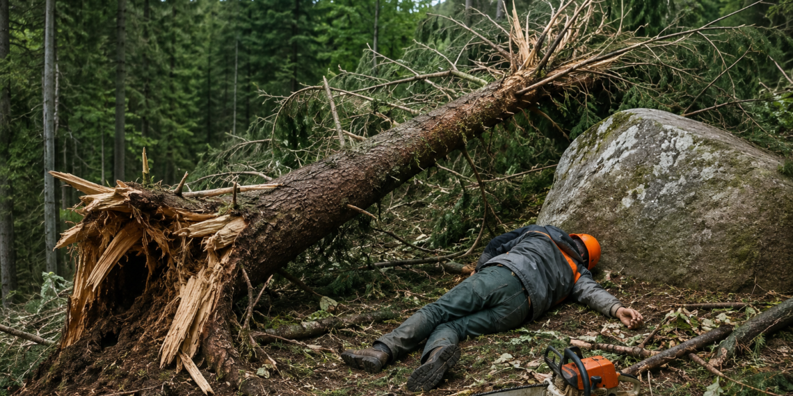 Muncitor forestier, ajuns la spital după un accident de muncă într-o pădure din Moldovița. Lovit de un arbore rupt de vânt, bărbatul a căzut și s-a lovit cu capul de o piatră de mari dimensiuni