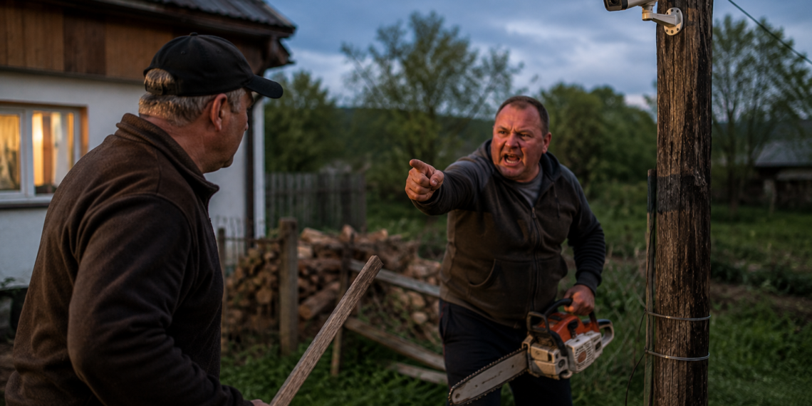 Bărbat reținut după ce a intrat cu drujba pe terenul vecinului pentru a tăia un stâlp cu camere de supraveghere. Avea ordin de protecție și l-a încălcat. Proprietarul care a încercat să-l oprească lovindu-l cu o șipcă este cercetat penal