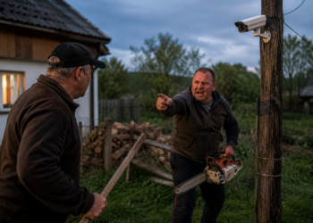 Bărbat reținut după ce a intrat cu drujba pe terenul vecinului pentru a tăia un stâlp cu camere de supraveghere. Avea ordin de protecție și l-a încălcat. Proprietarul care a încercat să-l oprească lovindu-l cu o șipcă este cercetat penal
