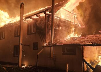 Incendiu puternic la Ostra, în miez de noapte. Un vecin a suferit arsuri la mâini, iar un porc a pierit. Pompierii s-au luptat peste patru ore cu flăcările