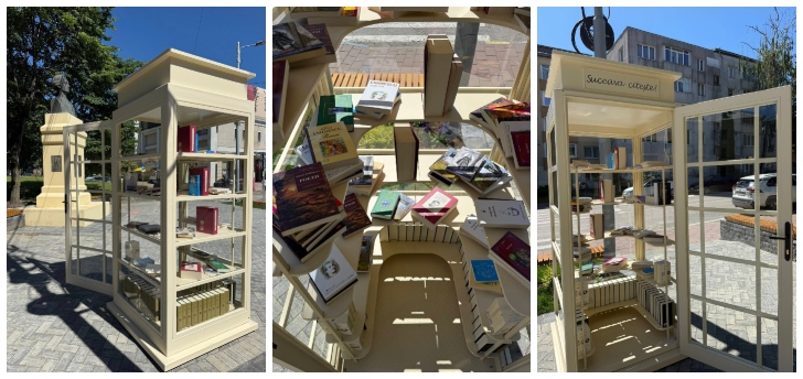 Mini-bibliotecă în aer liber, lângă statuia lui Mihai Eminescu din centrul Sucevei: ”Ne propunem să încurajăm lectura în spațiile publice, să promovăm responsabilitatea față de bunurile comune și să susținem schimbul de cărți între oameni”