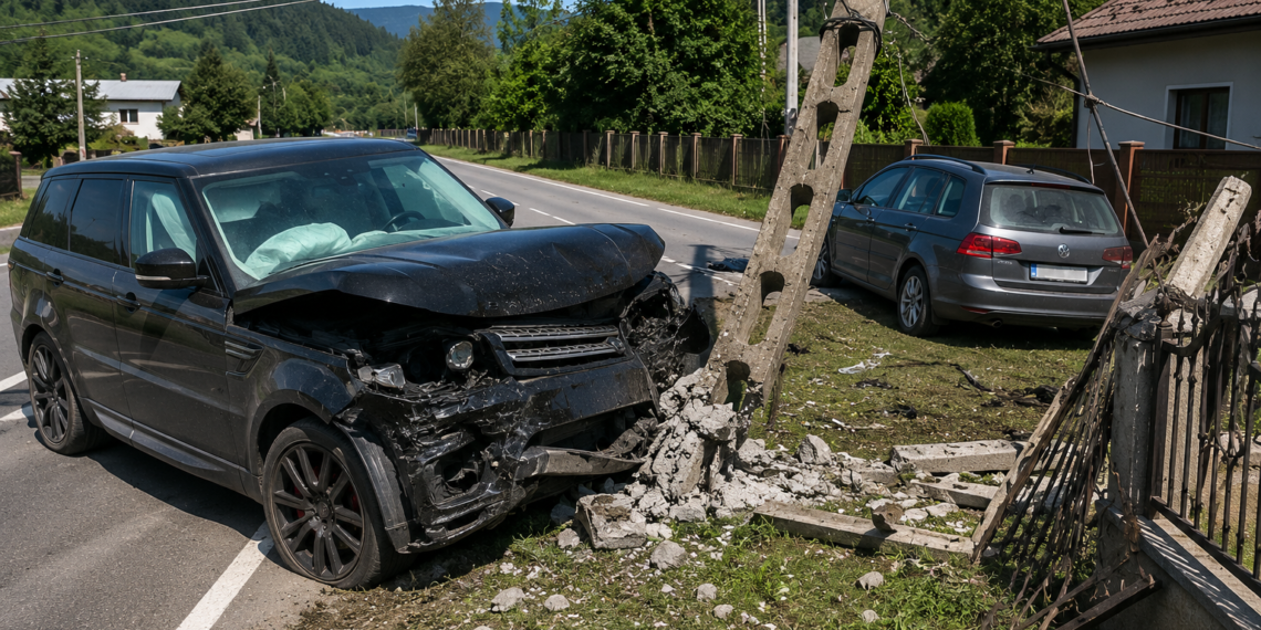 O șoferiță beată a făcut prăpăd în Sucevița cu un Range Rover. A lovit din spate o mașină care vira la stânga, apoi a rupt un stâlp de electricitate și a distrus gardul și poarta unei gospodării