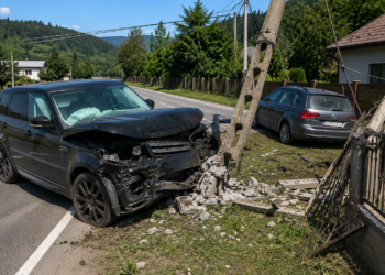 O șoferiță beată a făcut prăpăd în Sucevița cu un Range Rover. A lovit din spate o mașină care vira la stânga, apoi a rupt un stâlp de electricitate și a distrus gardul și poarta unei gospodării
