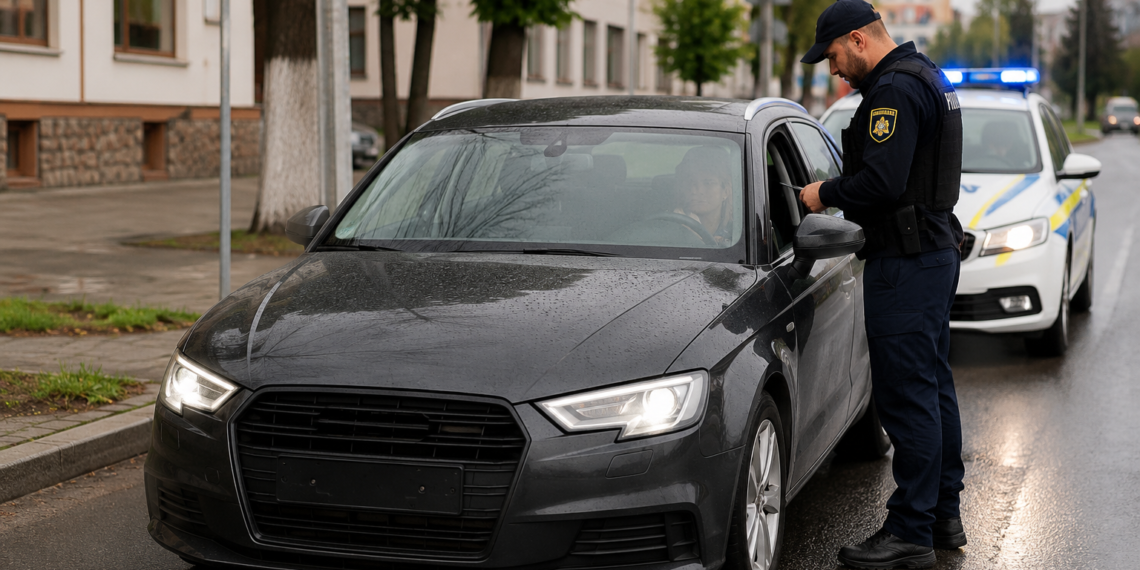 Tânără din Cajvana, prinsă la volanul unui Audi fără plăcuțe de înmatriculare, pe o stradă din Rădăuți. Mașina nu avea nici RCA
