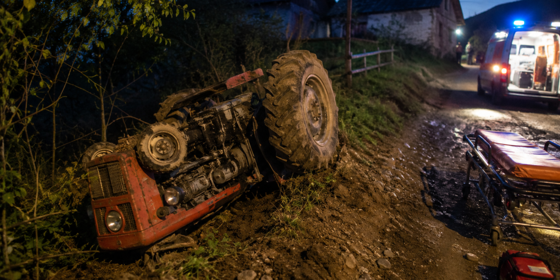 Bărbat reținut după ce s-a răsturnat cu un tractor băut și fără permis. Pasagerul aflat pe aripă a fost rănit