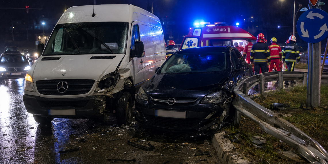 Pasageră Bolt, rănită într-un accident în sensul giratoriu de la Moara, la miezul nopții. O autoutilitară nu a acordat prioritate și a proiectat mașina de ridesharing în parapet