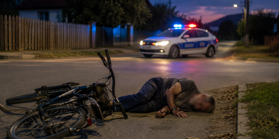 Biciclist beat, căzut într-o intersecție din Țibeni. Era atât de băut încât nu a putut fi testat și a primit o amendă de 1.730 de lei