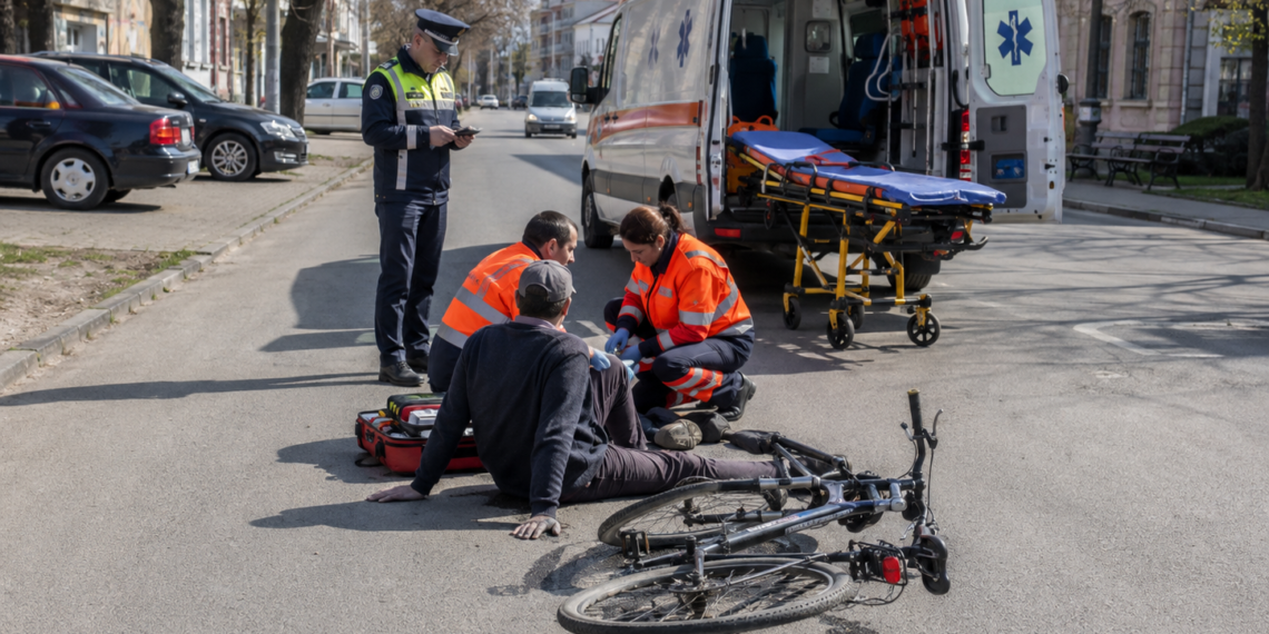Biciclist băut, transportat la spital cu ambulanța după ce a căzut pe carosabil, la Fălticeni