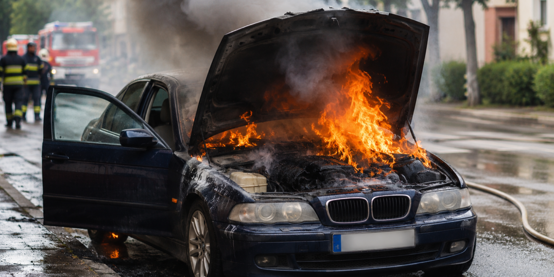 BMW luat recent din service, cuprins de flăcări pe o stradă din Burdujeni. Incendiul ar fi izbucnit în zona alternatorului