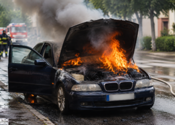 BMW luat recent din service, cuprins de flăcări pe o stradă din Burdujeni. Incendiul ar fi izbucnit în zona alternatorului