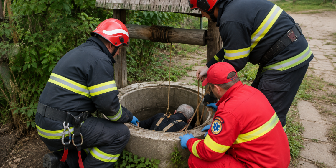 Bărbat de 69 de ani, scos de pompieri dintr-o fântână, la Grămești, la 6 dimineața. A căzut în timp ce voia să bea apă, iar medicii au constatat și etilism acut
