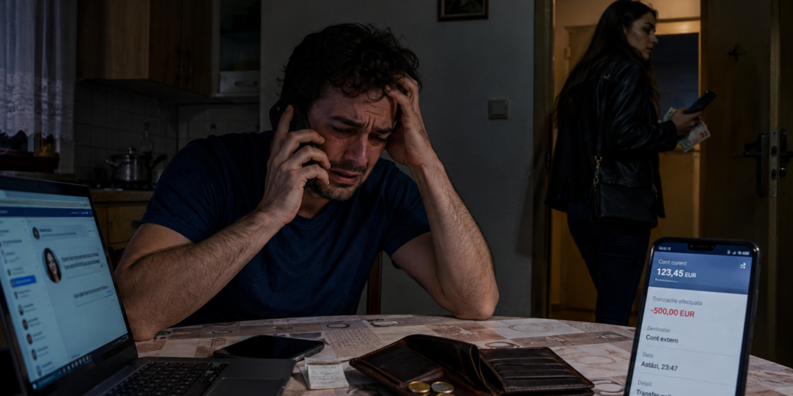 Și-a dorit compania unei tinere cunoscute pe Facebook, cât timp soția se afla la părinți. După câteva pahare, tânăra a ”dispărut” cu telefonul, 500 de euro cash și 9.000 de euro din cont, lăsându-l cu doar 12 euro. La 4 dimineața și-a sunat soția să se ”laude” cu pățania. Tânăra și-a aflat pedeapsa