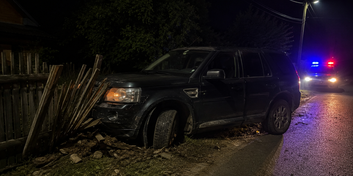 Șofer fără permis și băut, reținut după ce a fugit de polițiști și a abandonat Land Rover-ul într-un gard, la Bogata