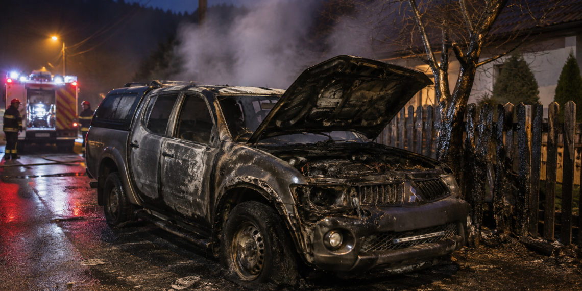 Mitsubishi L200, mistuit de flăcări la Vatra Moldoviței. În mașină au ars acte și un portofel cu 2.000 de lei. Pagubă de 10.000 de euro