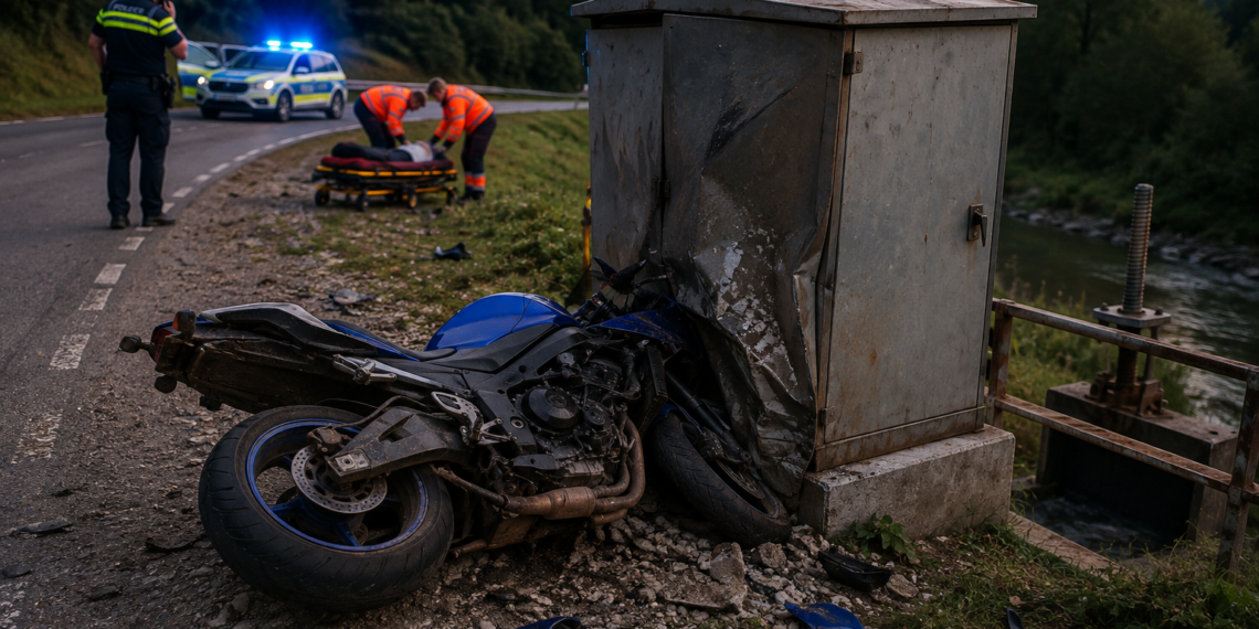 Un motociclist fără permis, pe un Suzuki radiat din circulație, s-a izbit de un container la Moldovița. A ajuns la spital cu mai multe fracturi