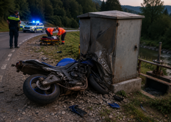 Un motociclist fără permis, pe un Suzuki radiat din circulație, s-a izbit de un container la Moldovița. A ajuns la spital cu mai multe fracturi