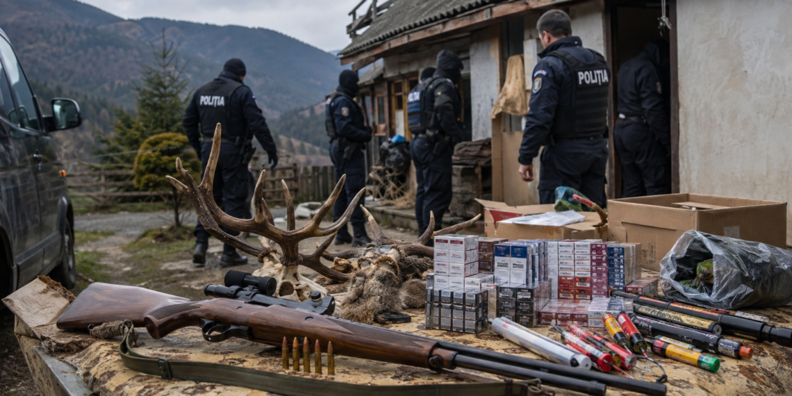 Percheziții la Cârlibaba într-un dosar privind arme și muniții. Carabină deținută ilegal, cartușe și zeci de trofee de vânat, ridicate de anchetatori