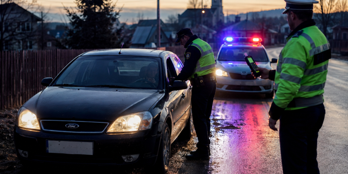 Șofer ”torpilă” prin Marginea, oprit de polițiști după ce mergea haotic. Etilotestul a indicat 1,30 mg/l alcool pur în aerul expirat