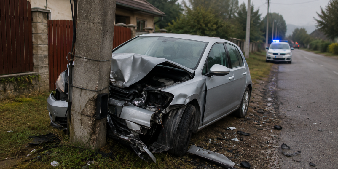 Șofer începător și băut, proptit cu Volkswagenul într-un stâlp de electricitate la Marginea. Tânărul de 18 ani avea permisul din Marea Britanie de doar patru luni