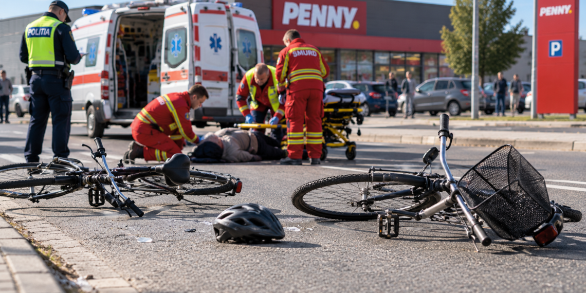 Accident între doi bicicliști, în fața magazinului Penny din Vicovu de Sus. Un bărbat de 83 de ani a ajuns la spital cu traumatism cranian