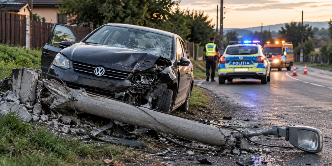 Șofer cu 1,19 mg/l alcool pur în aerul expirat, implicat într-un accident la Luncșoara. A pus la pământ un stâlp de iluminat după o depășire
