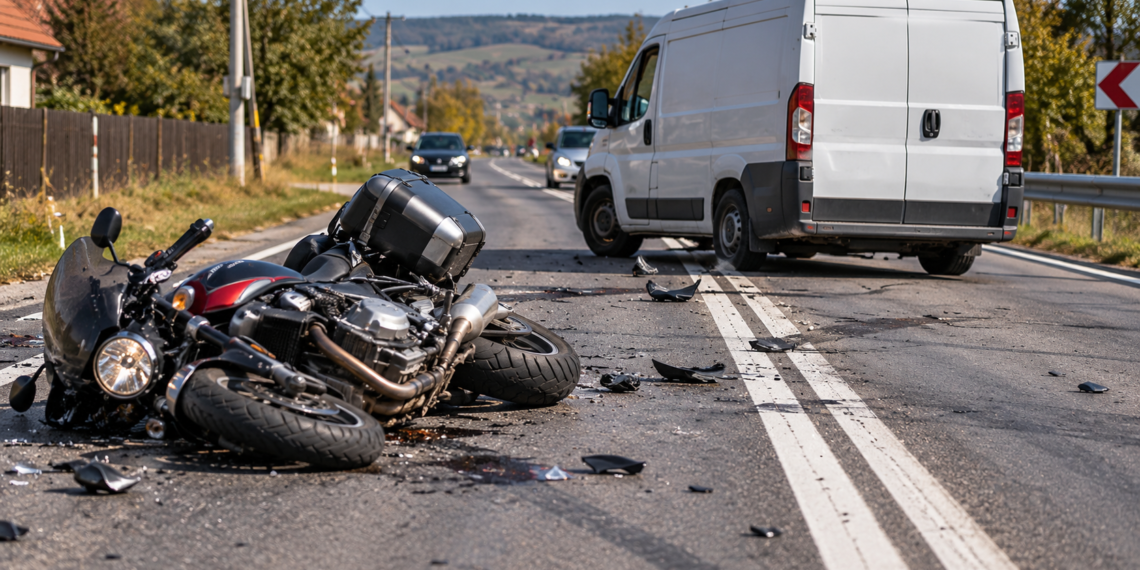 Motociclist italian și pasagera sa, răniți într-un accident la Cornu Luncii. O autoutilitară a întors peste linia continuă