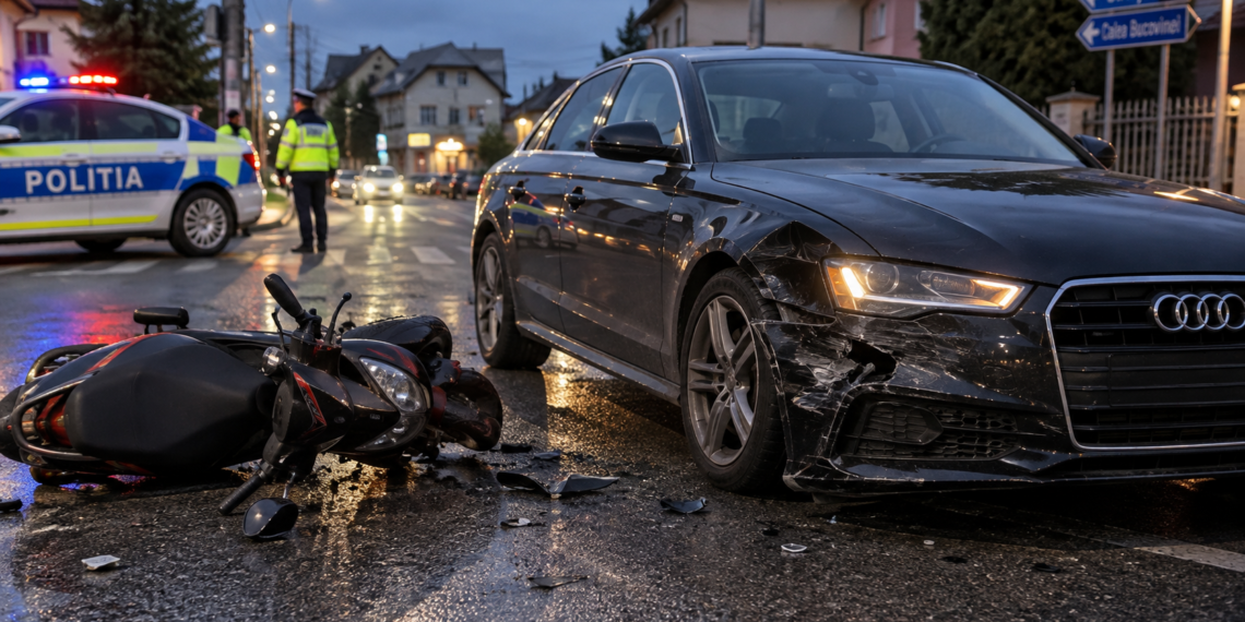 Scuterist fără permis, pe un vehicul neînmatriculat, rănit după ce un șofer nu i-a acordat prioritate