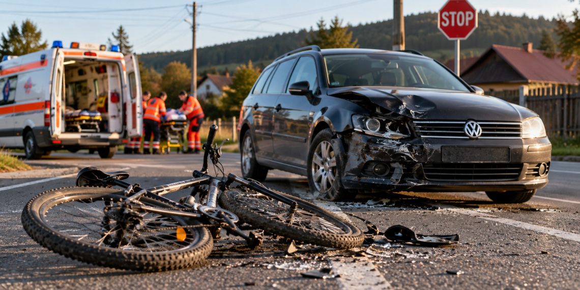 Biciclist de 22 de ani, rănit după ce nu a oprit la ”STOP” și a intrat într-un autoturism, la Râșca. Etilotestul a indicat 0,22 mg/l