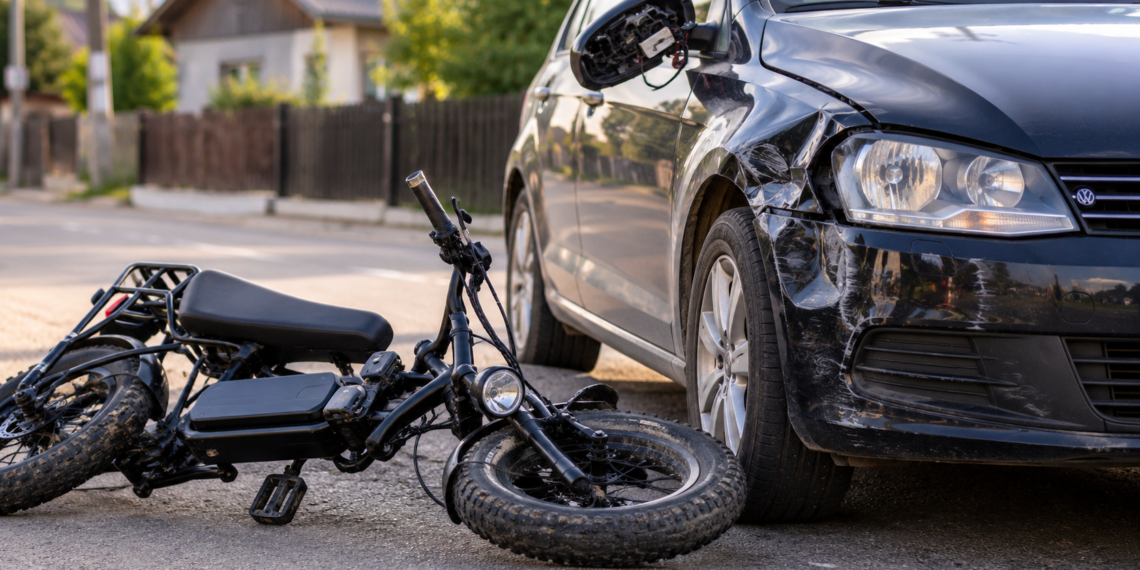Fată de 14 ani, înfiptă cu bicicleta electrică într-o mașină parcată. Autoturismul a rămas cu aripa îndoită și oglinda spartă