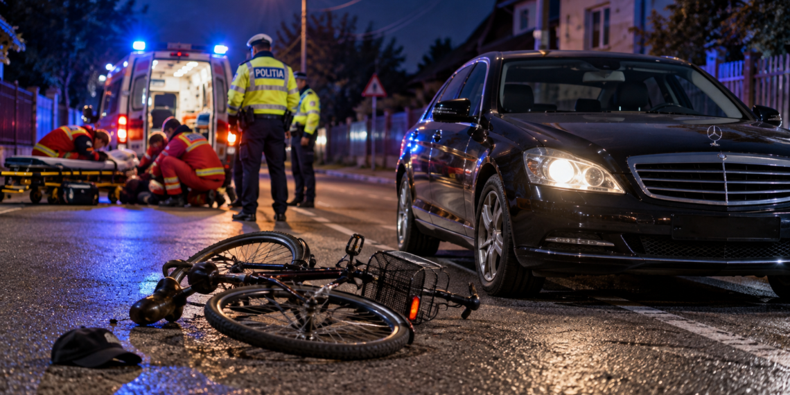 Biciclist de 70 de ani, rănit după ce s-a dezechilibrat și a ajuns în fața unui Mercedes, la Baia. Avea 1,08 mg/l alcool pur în aerul expirat