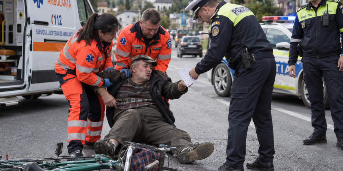 A pedalat ”cu curaj” după câteva pahare până a ”pupat” carosabilul. Humorean de 60 de ani, cules de pe jos de echipajul de ambulanță și ”premiat” cu o amendă de aproape 1.300 de lei