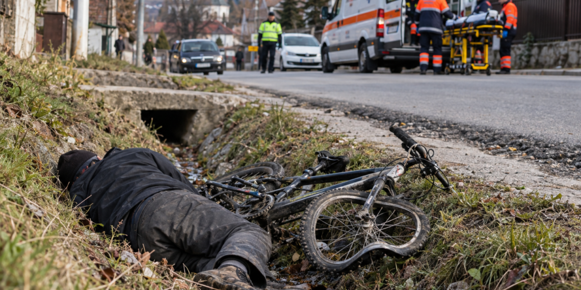 Biciclist beat criță, găsit inconștient într-un șanț la Vatra Dornei. Era atât de băut încât nu a putut fi testat cu etilotestul