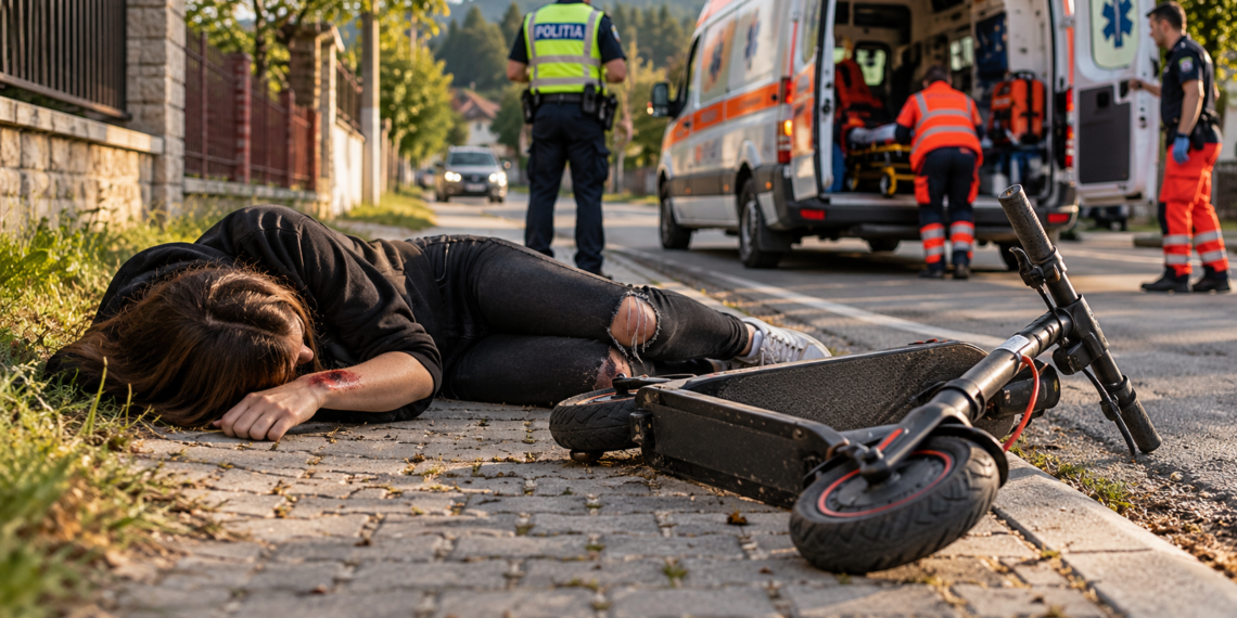 Tânără de 20 de ani, găsită rănită la cap, mâini și picioare, lângă o trotinetă electrică. Nu își mai amintește cum s-a produs accidentul